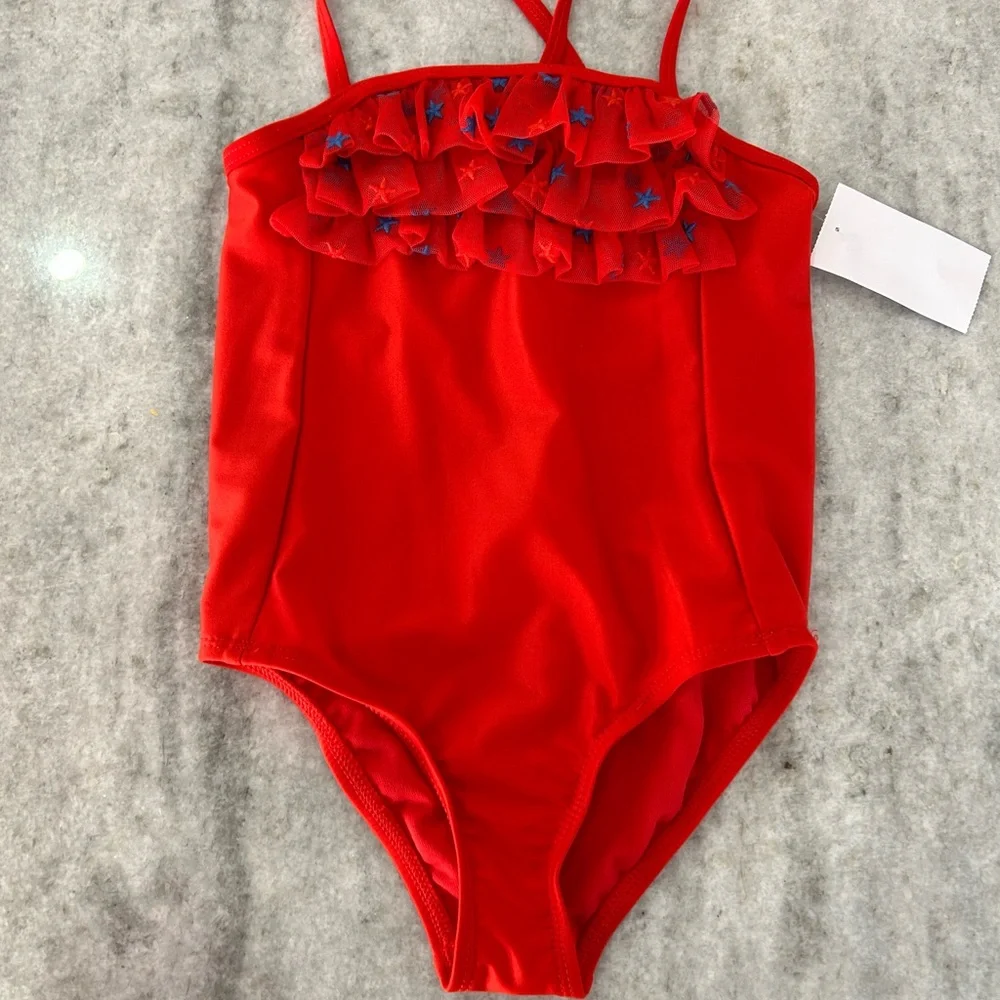 Cat & Jack Red Ruffled Kids Swim One Piece Size 5T